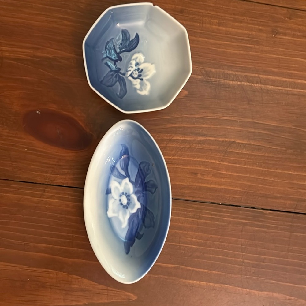 Copenhagen Porcelain blue white Wild Rose Oval and Octogon Trinket Dishes